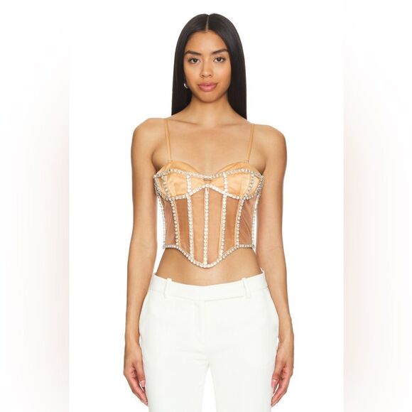 CAMILA COELHO South Beach Corset Tan Bustier Sheer Rhinestone M - Picture 3 of 6